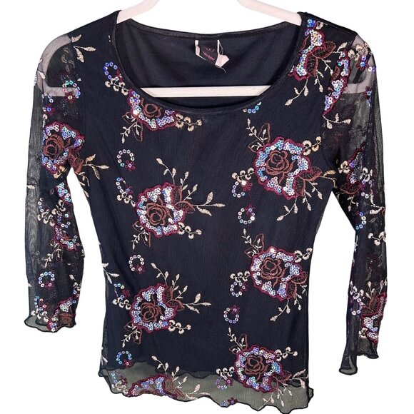 Womens Small Black Sheer Mesh Floral Embroidered Top Sequins Y2K Fairy Whimsy - Picture 1 of 7